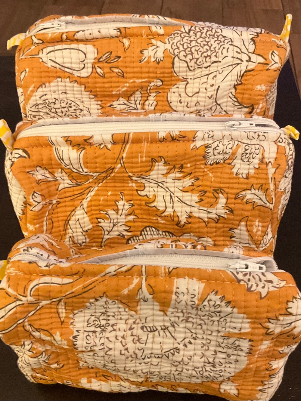 Raj Kantha Orange Quilted Cotton Floral Cosmetic Bag Set of 3